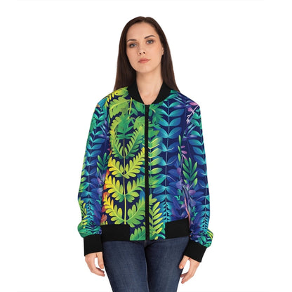 Multi Color Fern Design Women's Bomber Jacket - Earthbound Pacific