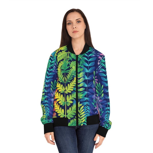 Multi Color Fern Design Women's Bomber Jacket - Earthbound Pacific