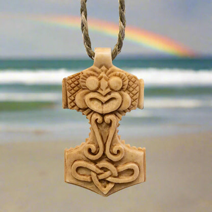 Norse Jewelry Hammer Genuine Hand Carved Antiqued Bone Pendant Necklace TH002 Earthbound Pacific