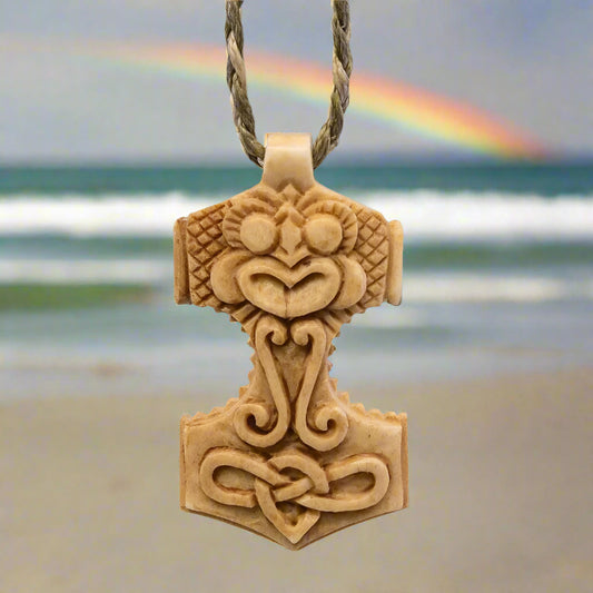 Norse Jewelry Hammer Genuine Hand Carved Antiqued Bone Pendant Necklace TH002 Earthbound Pacific