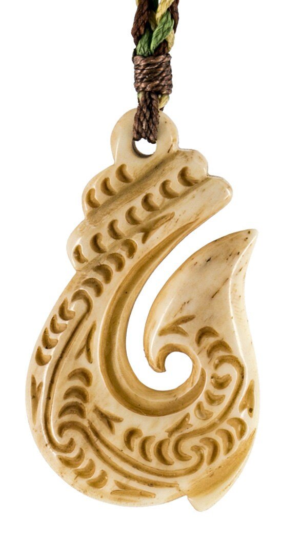 Ornate Stylized Maori Hawaiian Bone Fish Hook Necklace FH0243ey Earthbound Pacific