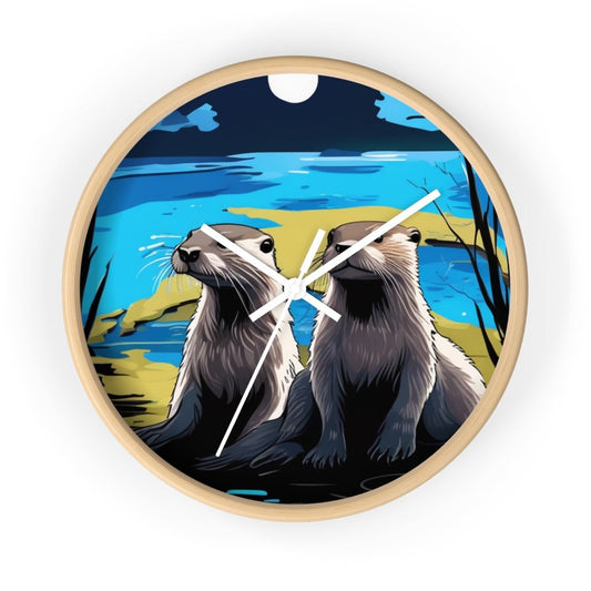 River Otters at Night Painting Designer Wall Clock - Earthbound Pacific