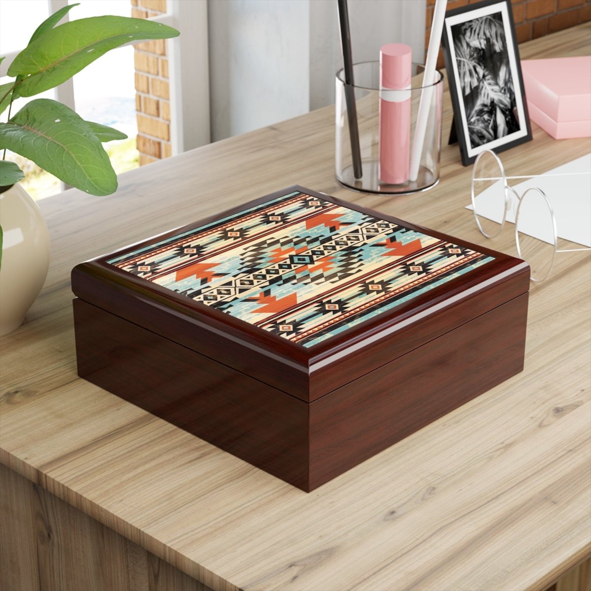 Rustic Jewelry Box with Aztec Tribal Design 12576110248463112729 Earthbound Pacific