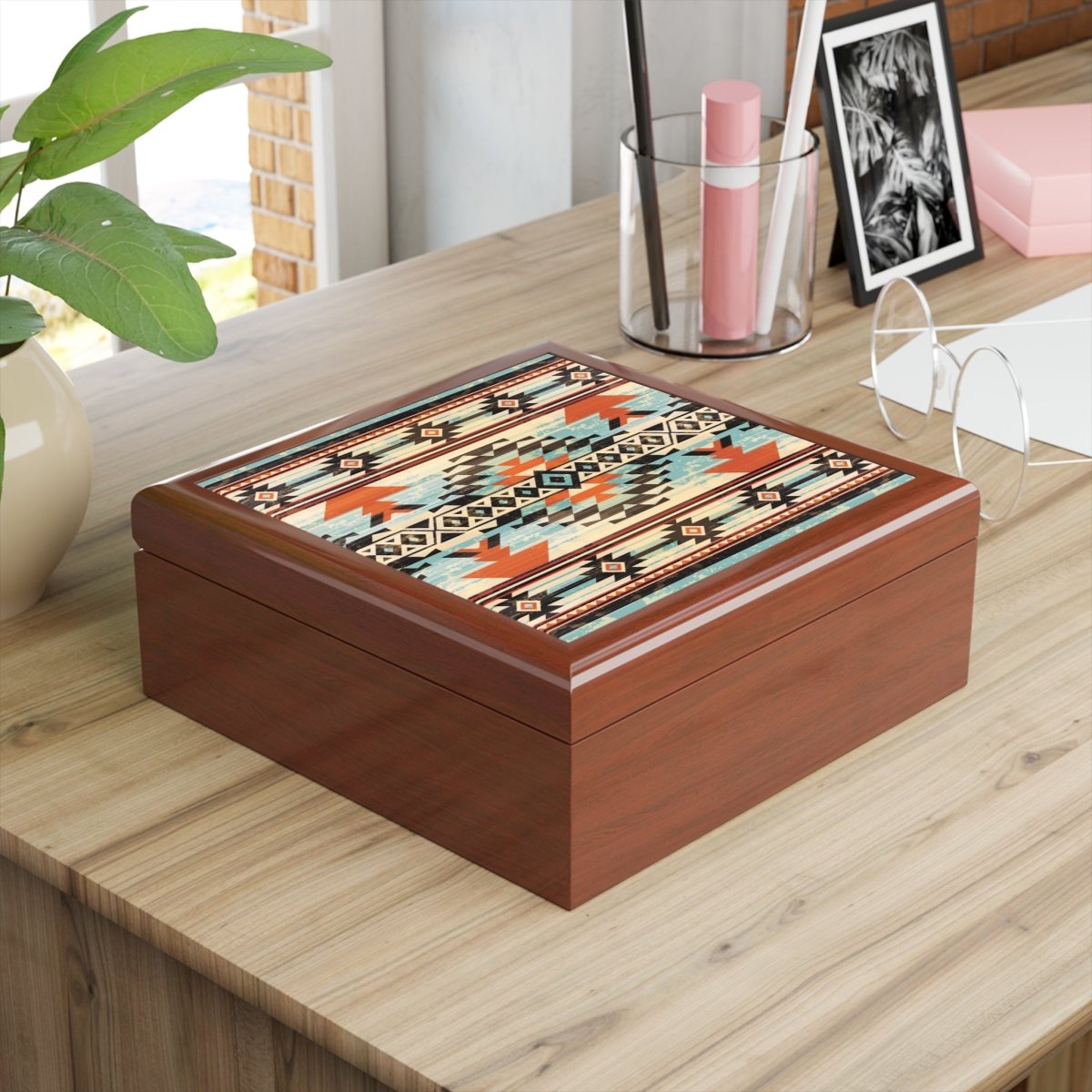 Rustic Jewelry Box with Aztec Tribal Design 12576110248463112729 Earthbound Pacific