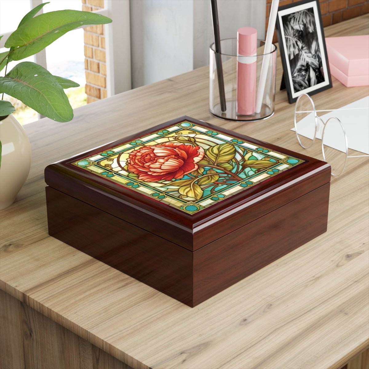 Stained Glass Floral Design Jewelry Box - Elegant Rose Design for Home Decor 11829861327434480160 Earthbound Pacific