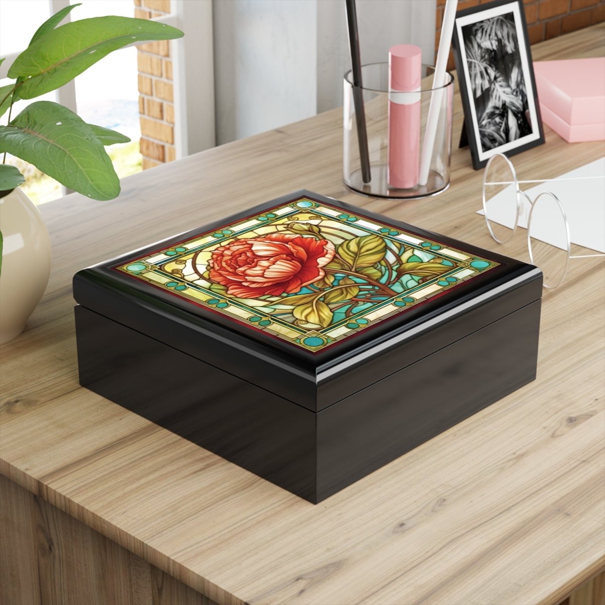 Stained Glass Floral Design Jewelry Box - Elegant Rose Design for Home Decor 11829861327434480160 Earthbound Pacific
