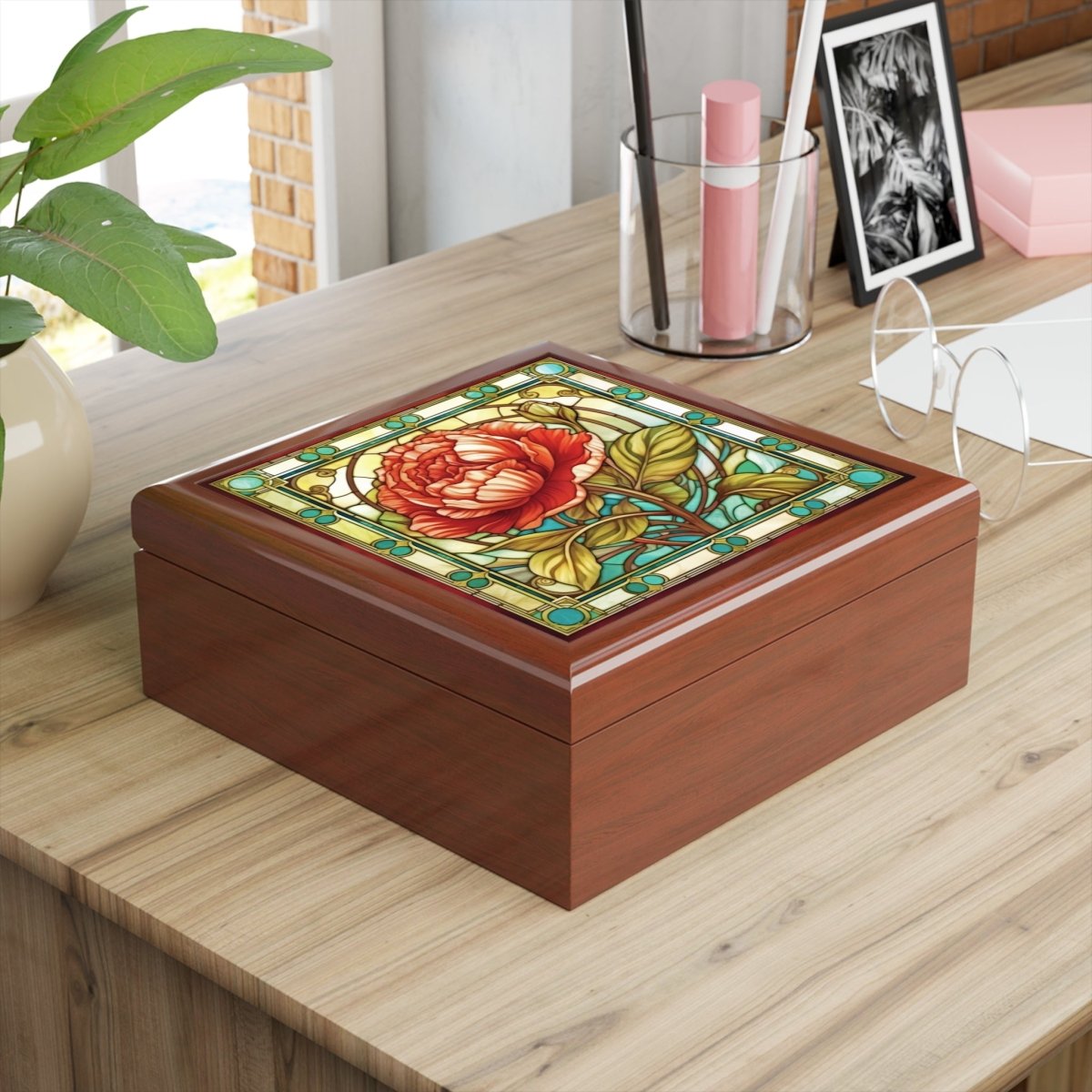 Stained Glass Floral Design Jewelry Box - Elegant Rose Design for Home Decor 11829861327434480160 Earthbound Pacific