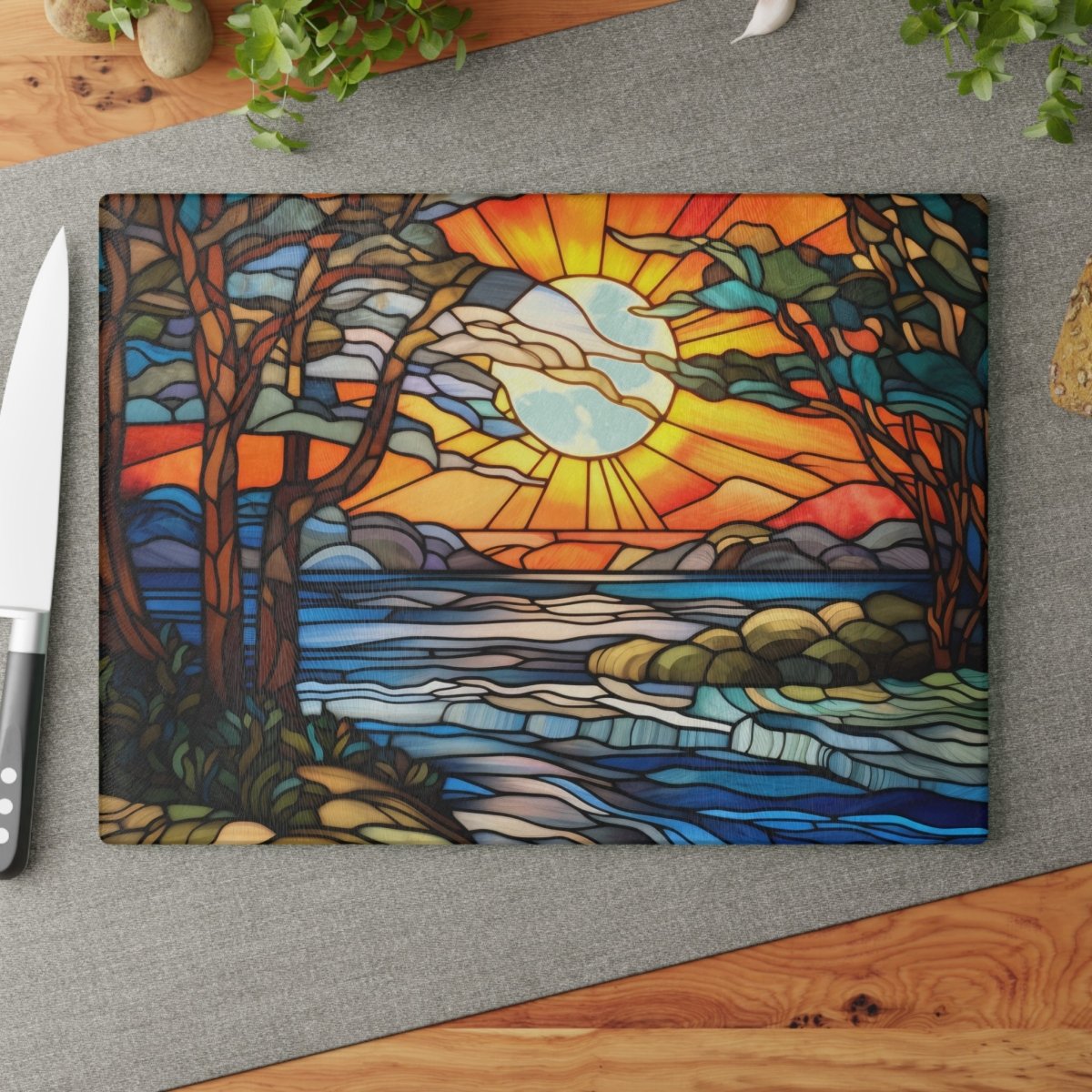 Stained Glass Sunset Cutting Board - Artisanal Kitchen Decor for Cooking and Entertaining 28384408356465371515 Earthbound Pacific