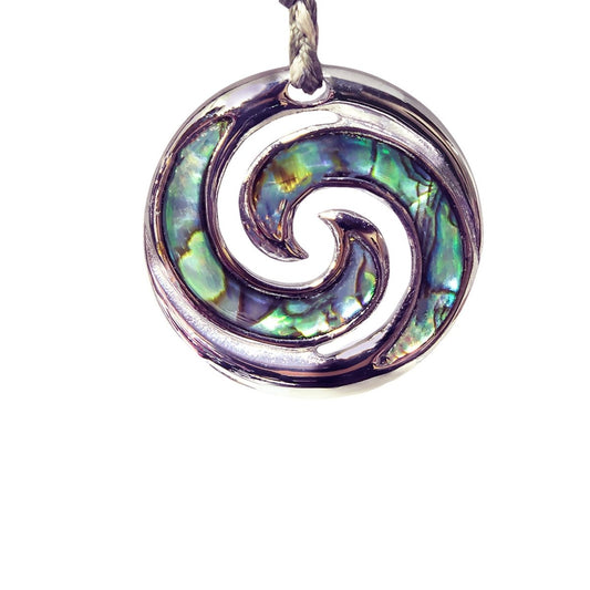 Stainless Steel Double Koru Spiral Necklace with New Zealand Paua Shell AMSSPOK32 Earthbound Pacific