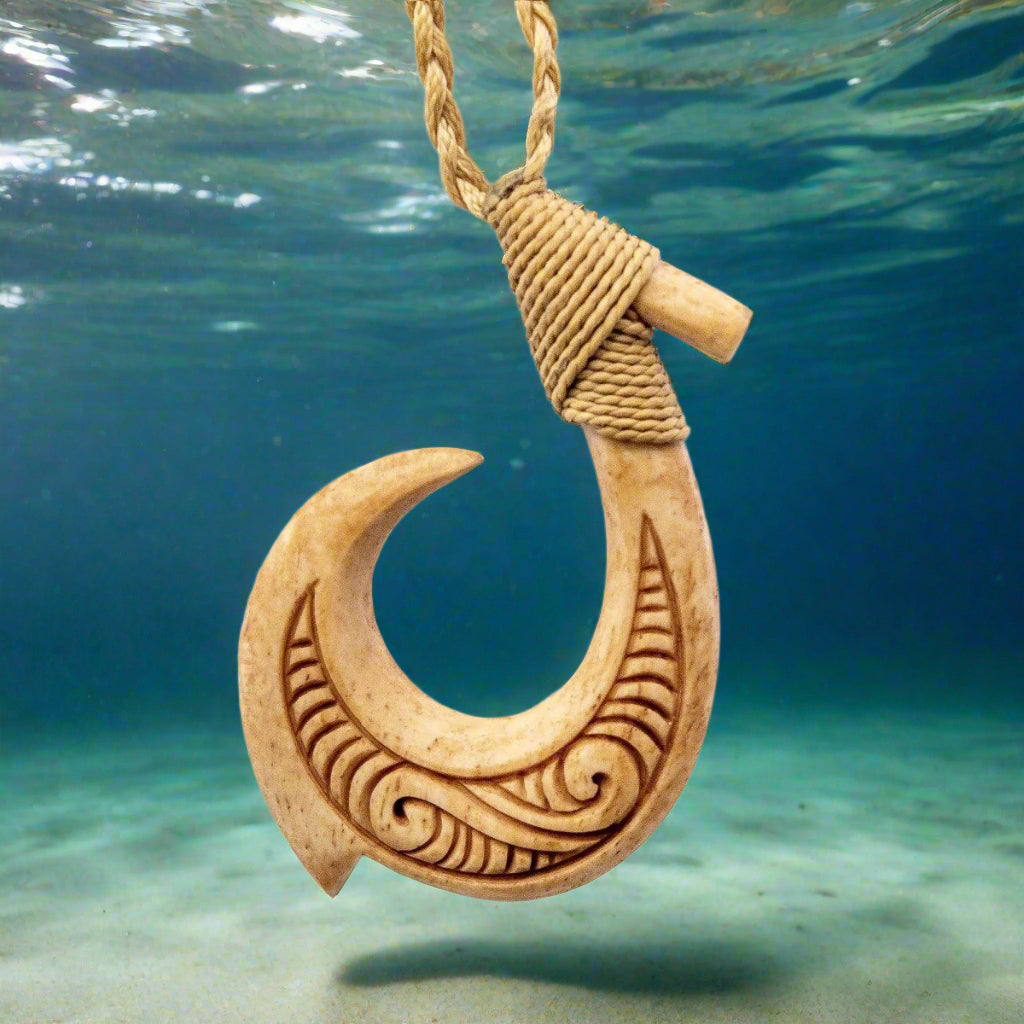 Stylized Maori Hawaiian Bone Fish Hook Necklace with Scrimshaw doubled sided ABFH4832CC2 Earthbound Pacific