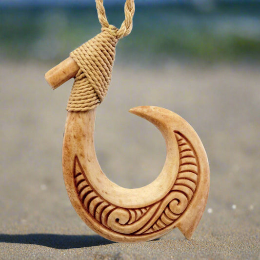 Stylized Maori Hawaiian Bone Fish Hook Necklace with Scrimshaw doubled sided ABFH4832CC2 Earthbound Pacific