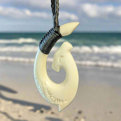 Unique Hand Carved Aged Bone Hammerhead Shark Design Fish Hook Necklace with Adjustable Cord Binding