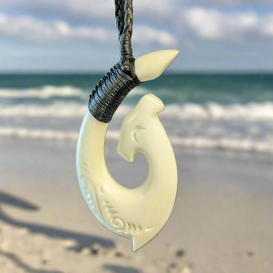 Unique Hand Carved Aged Bone Hammerhead Shark Design Fish Hook Necklace with Adjustable Cord Binding ABHFH55N Earthbound Pacific