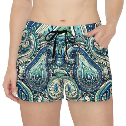 Women's Shorts Green & Blue Paisley Design - Earthbound Pacific