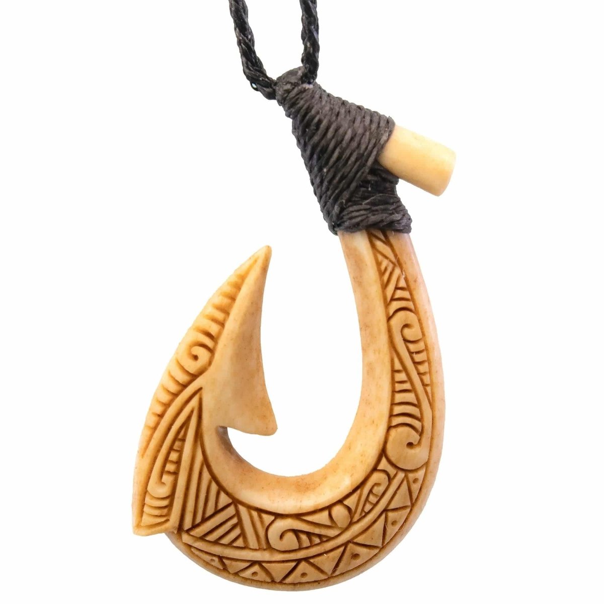 Stylized Maori Hawaiian Aged Bone Fish Hook Necklace with Camo Cord and  Scrimshaw