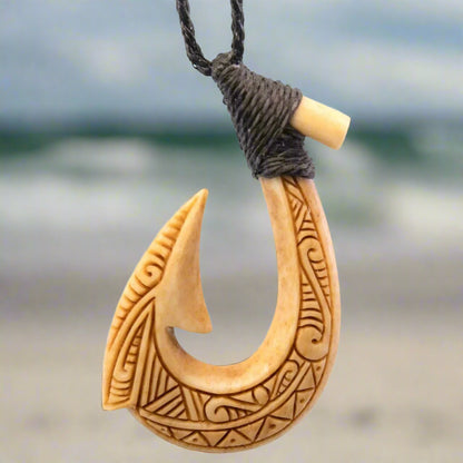 Hand Carved Bone with Hawaiian Inspired Scrimshaw Fish Hook Necklace - Earthbound Pacific