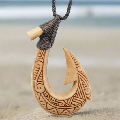 Hand Carved Bone with Hawaiian Inspired Scrimshaw Fish Hook Necklace - Earthbound Pacific