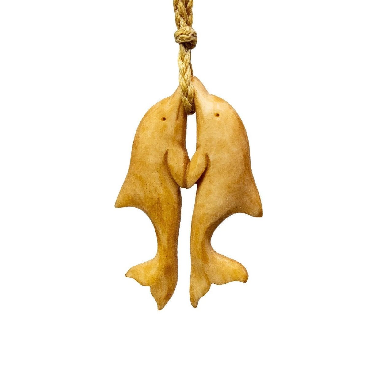 Hand Carved Maori Hawaiian Inspired Aged Bone Double Dolphin Necklace. - Earthbound Pacific