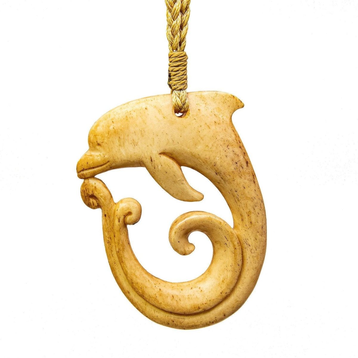 Hand Carved Maori Hawaiian Inspired Aged Bone Koru Dolphin Necklace Large. 50mm - Earthbound Pacific