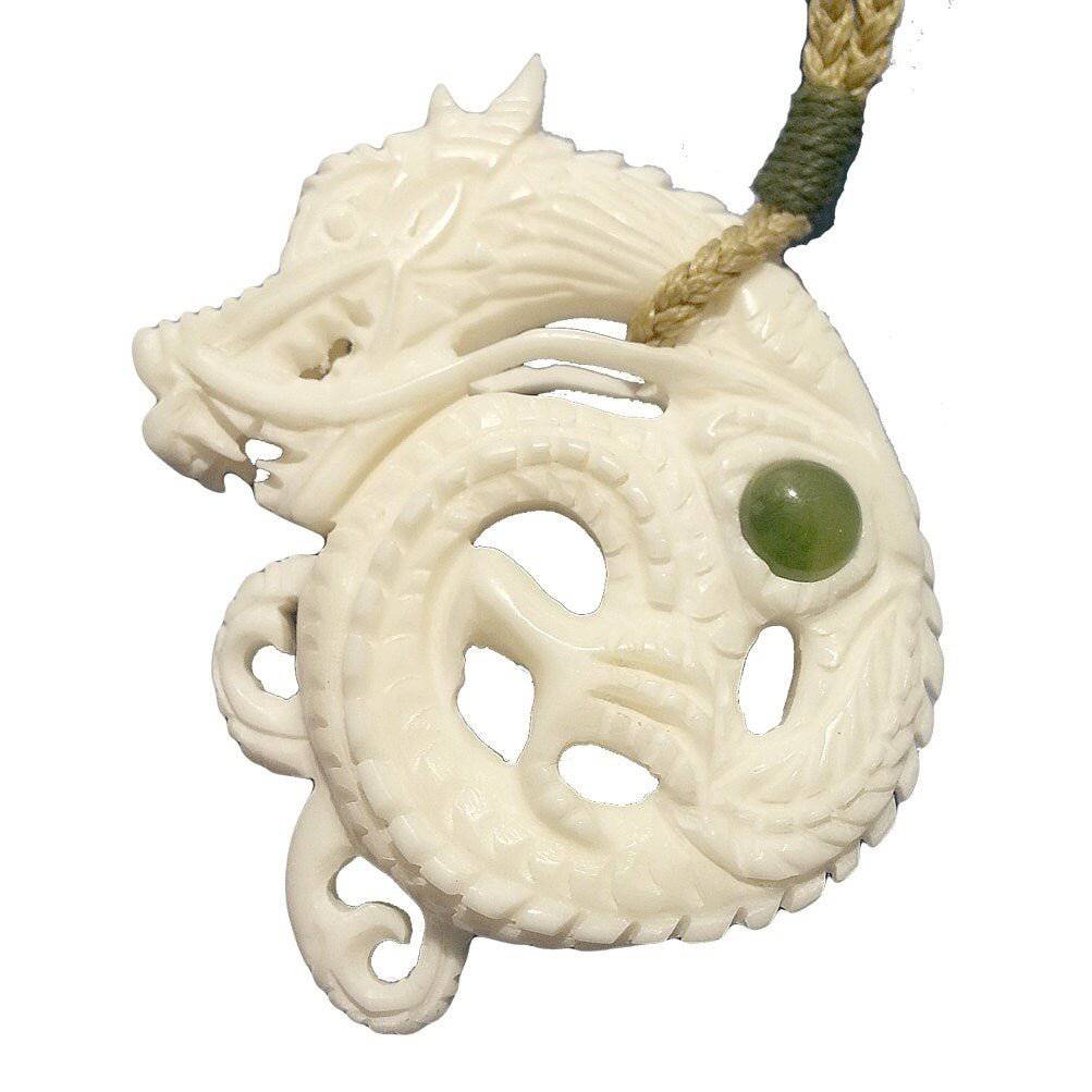 Hand Carved Two Sided Dragon Necklace with Stone Inlay - Earthbound Pacific