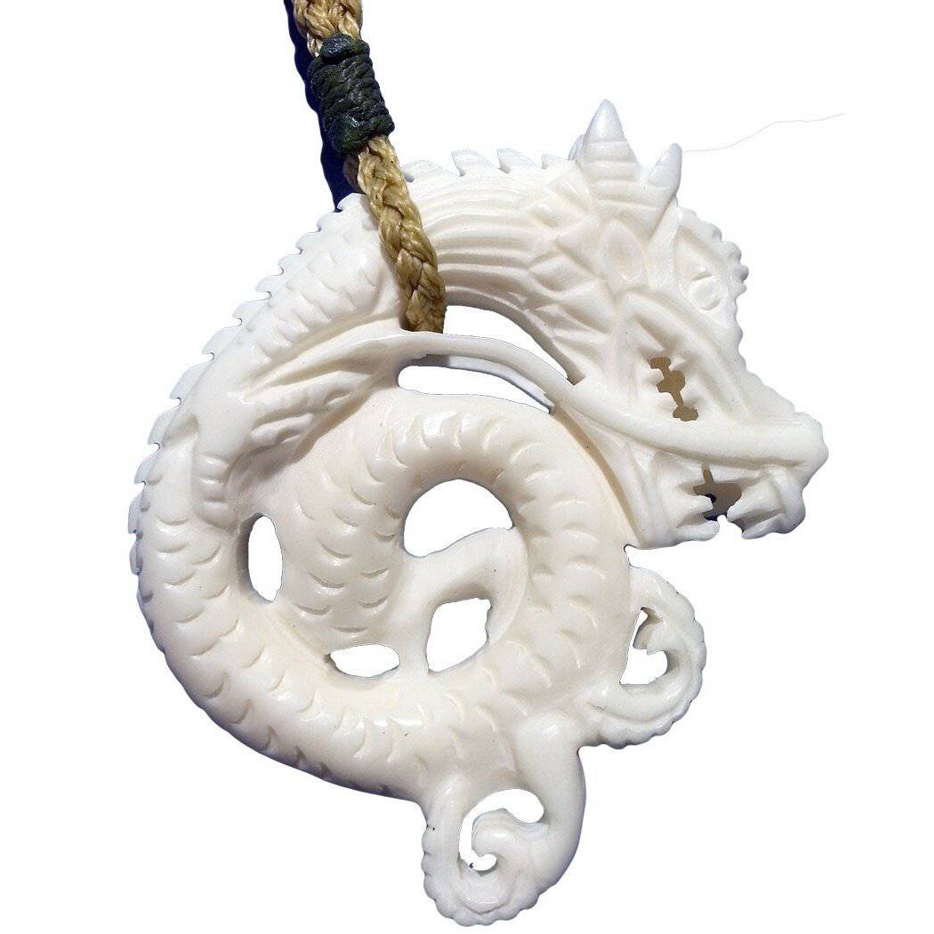 Hand Carved Two Sided Dragon Necklace with Stone Inlay - Earthbound Pacific