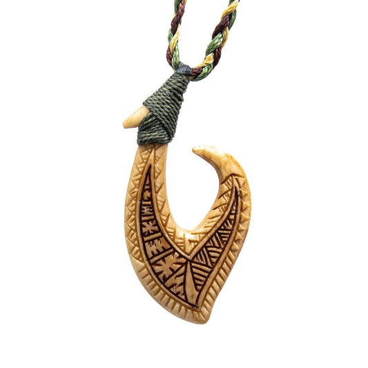 Hawaiian Inspired Aged Bone Scrimshaw Fish Hook Necklace - Earthbound Pacific