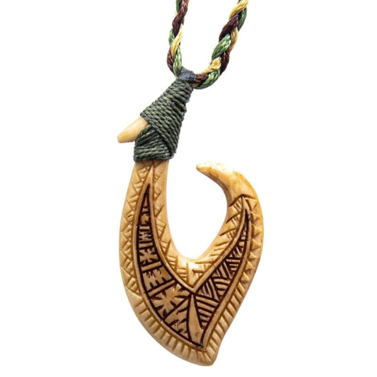 Hawaiian Inspired Aged Bone Scrimshaw Fish Hook Necklace - Earthbound Pacific