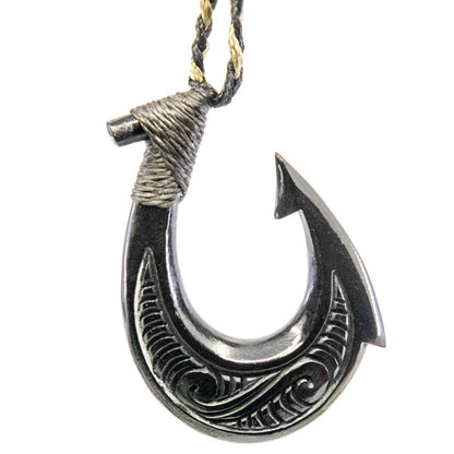 Hawaiian Inspired Black Horn Double Sided Scrimshaw Fishhook Necklace - Earthbound Pacific