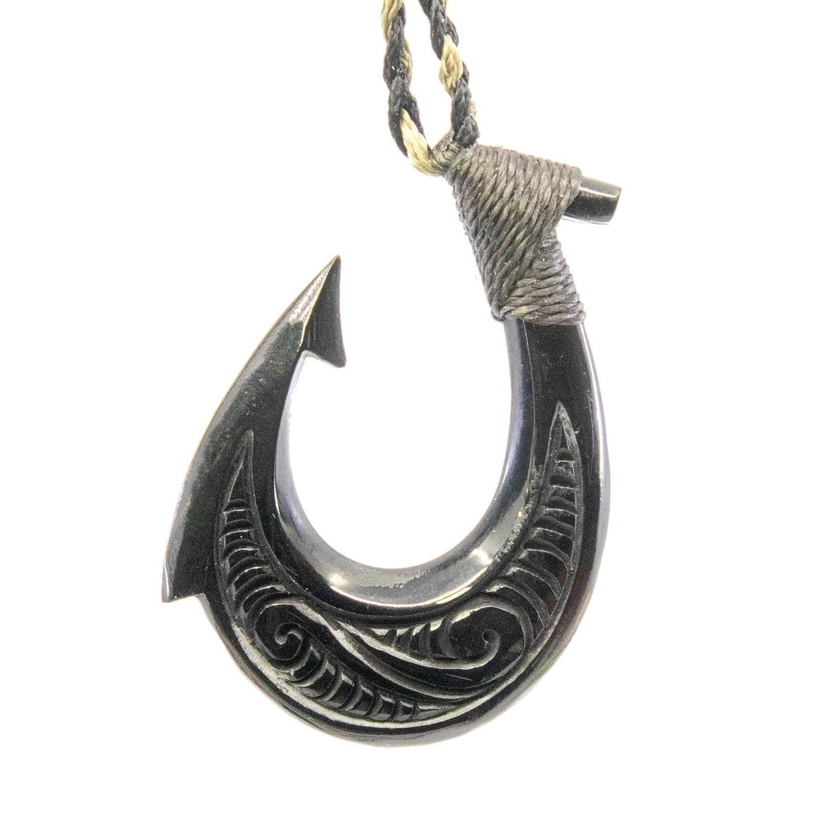Hawaiian Inspired Black Horn Double Sided Scrimshaw Fishhook Necklace - Earthbound Pacific