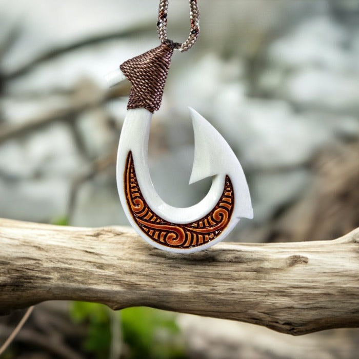 Hawaiian Inspired Bone Fish Hook Necklace with Scrimshaw - Earthbound Pacific