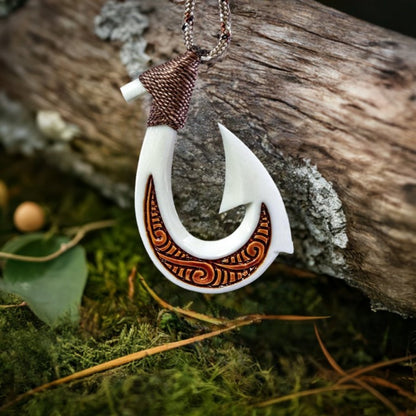 Hawaiian Inspired Bone Fish Hook Necklace with Scrimshaw - Earthbound Pacific