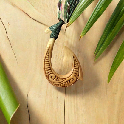 Hawaiian Inspired Master Carver Aged Bone Makau Fish Hook Necklace - Earthbound Pacific