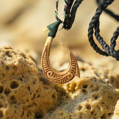 Hawaiian Inspired Master Carver Aged Bone Makau Fish Hook Necklace - Earthbound Pacific