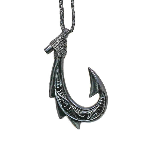 Hawaiian Inspired Natural Black Horn Dragon Fish Hook Necklace - Earthbound Pacific