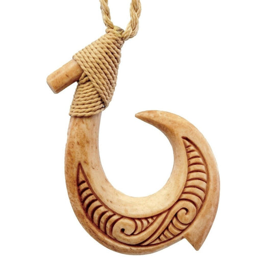 Hawaiian Makau Bone Fish Hook Necklace with Scrimshaw doubled sided - Earthbound Pacific