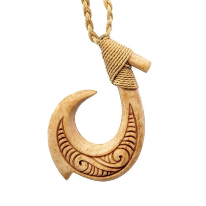 Hawaiian Makau Bone Fish Hook Necklace with Scrimshaw doubled sided - Earthbound Pacific