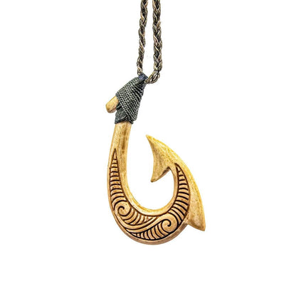 Hawaiian Master Carver Makau Aged Bone Fish Hook Necklace - Earthbound Pacific