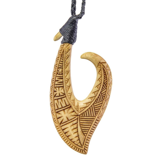 Hawaiian Stylized Carved Bone Scrimshaw Fish Hook Necklace - Earthbound Pacific