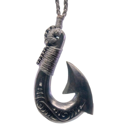 Maori Inspired Black Horn Scrimshaw Fish Hook Necklace - Earthbound Pacific
