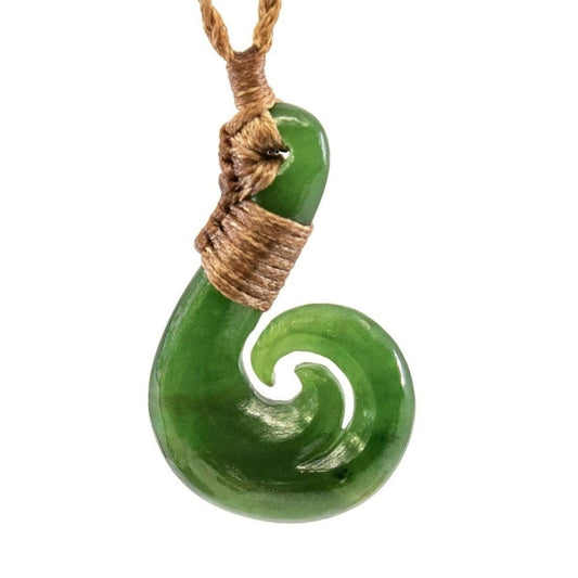 Nephrite Jade New Zealand Maori Inspired Bound Fish Hook Necklace With Koru Spiral - Earthbound Pacific