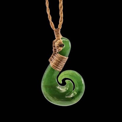 Nephrite Jade New Zealand Maori Inspired Bound Fish Hook Necklace With Koru Spiral - Earthbound Pacific