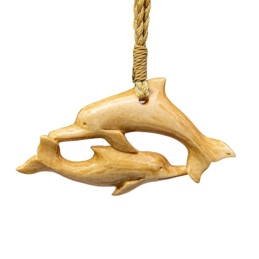 New Zealand Maori Inspired Aged Bone Double Dolphin Necklace 55mm - Earthbound Pacific