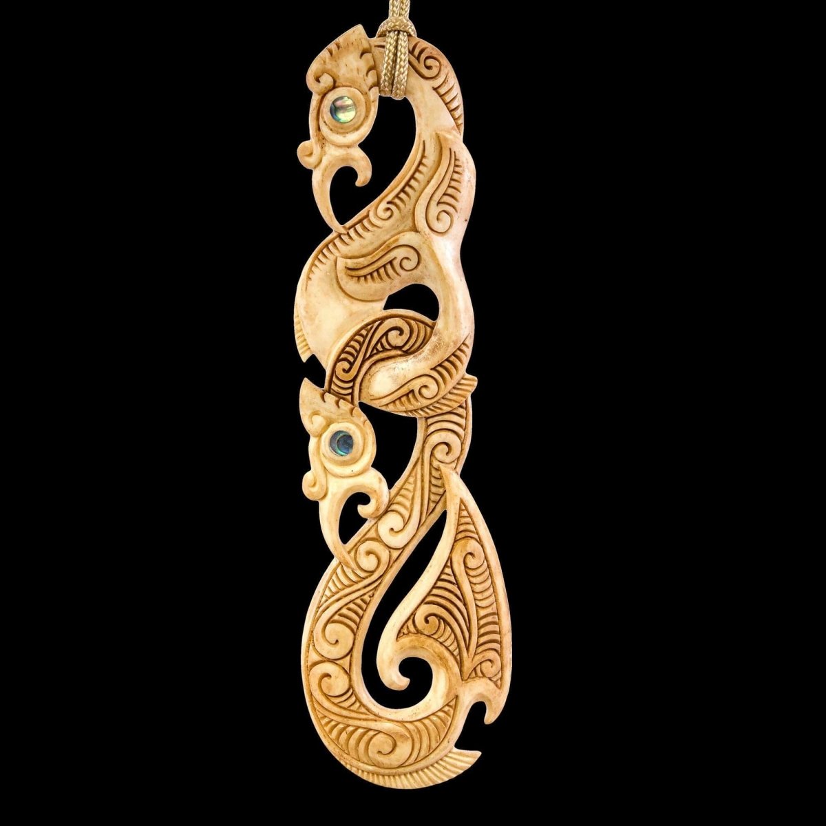 New Zealand Maori Inspired Bone Double Manaia Scrimshaw Necklace XXL - Earthbound Pacific