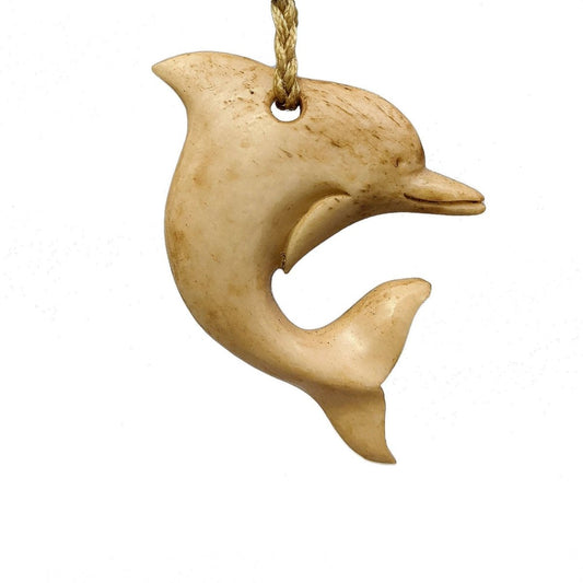 New Zealand Maori Inspired Carving Aged Beef Bone Dolphin Necklace. - Earthbound Pacific