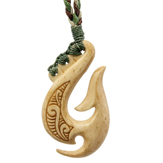 New Zealand Maori Inspired Scrimshaw Aged Bone Fish Hook Necklace - Earthbound Pacific
