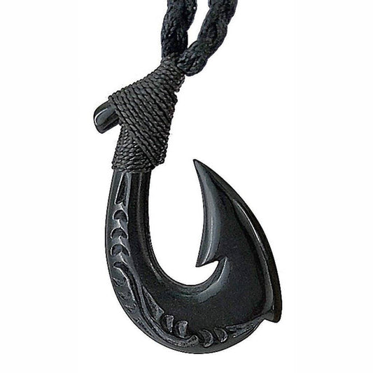 New Zealand Maori Stylized Black Horn Fish Hook Necklace - Earthbound Pacific