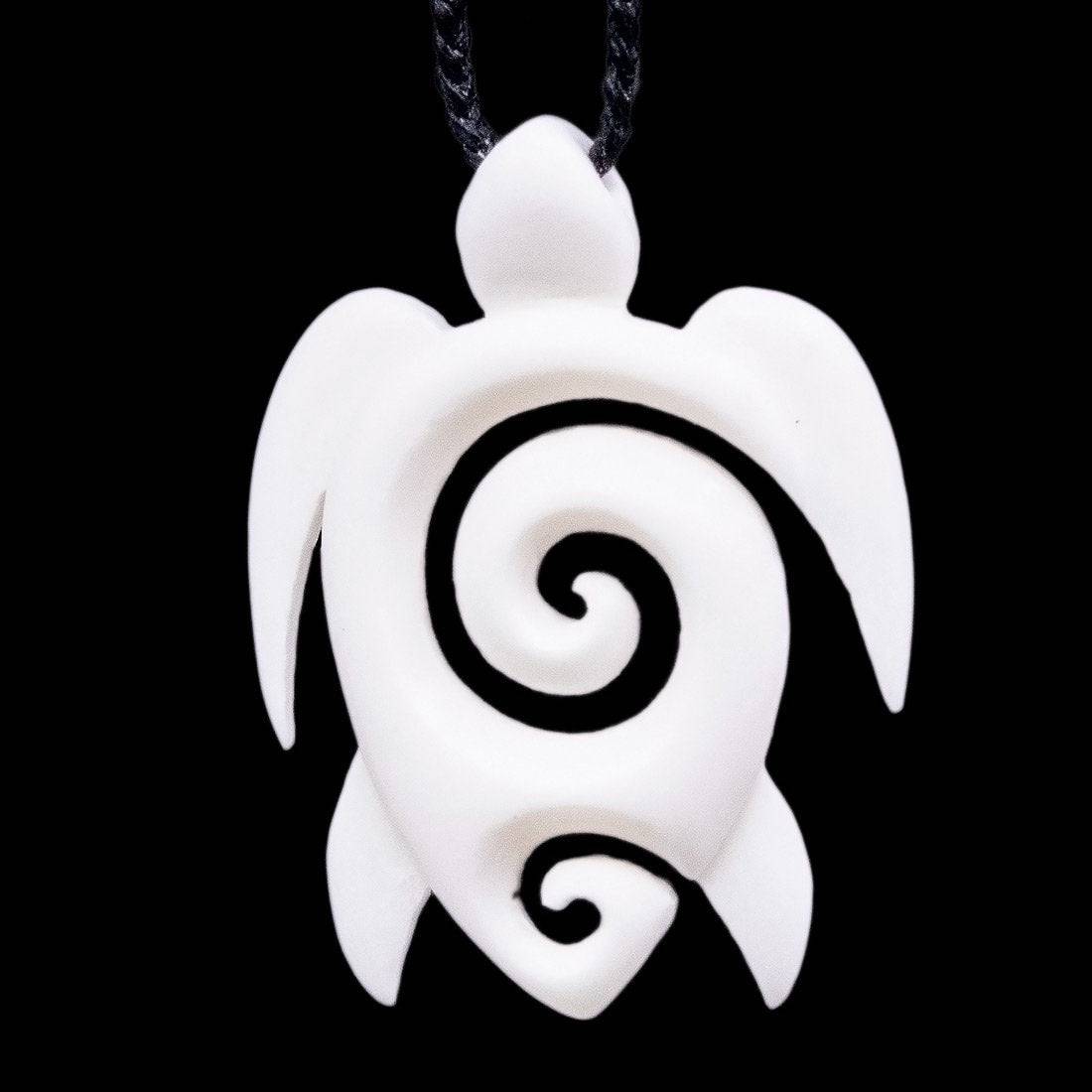 New Zealand Maori Stylized Bone Koru Spiral Sea Turtle Necklace - Earthbound Pacific