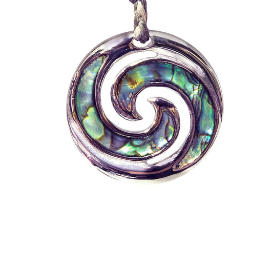 New Zealand Paua Shell Stainless Steel Double Koru Spiral Necklace - Earthbound Pacific