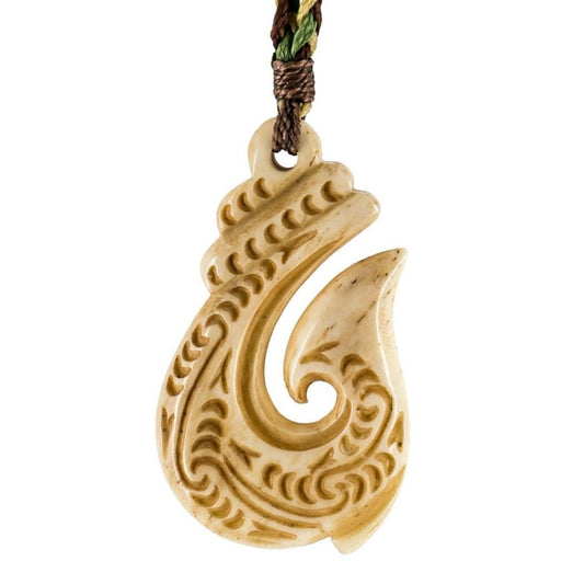 Ornate Stylized Maori Hawaiian Hand Carved Bone Fish Hook Necklace - Earthbound Pacific