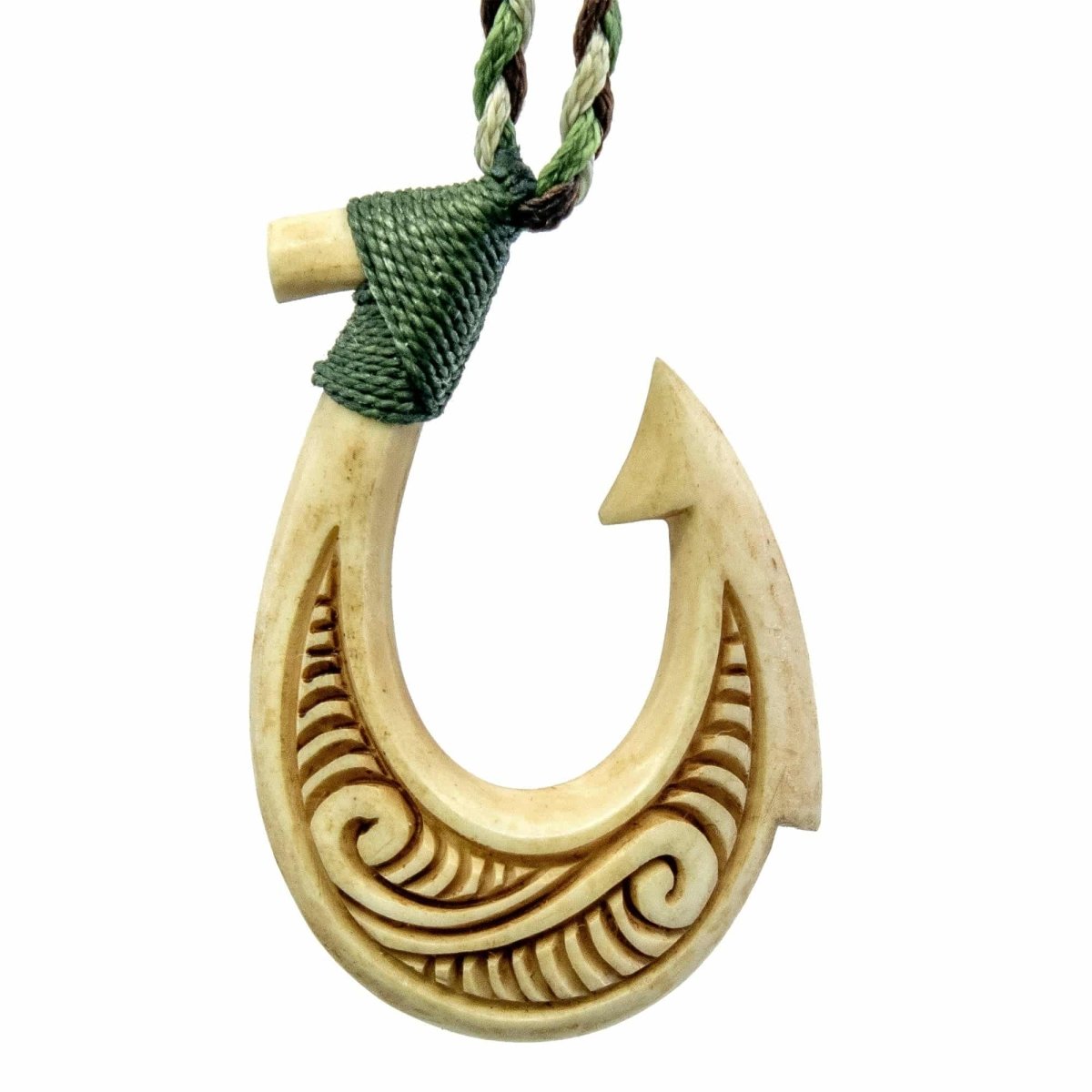 Stylized Hawaiian  Double Sided Scrimshaw Bone Fish Hook Necklace - Earthbound Pacific